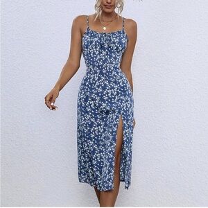 SHEIN Blue Floral Midi Dress with Slit